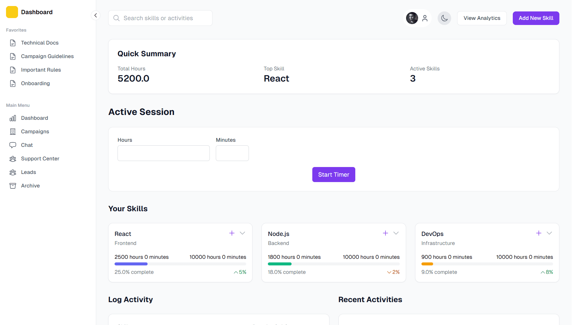 Skill learning tracker Dashboard